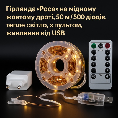 Гирлянда Росса 50 м/500 High-Brightness LED, IP44, теплый свет, USB + пульт №0