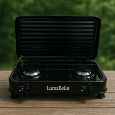 Настільна газова плита LumaBella LB-57006, 2 конфорки, 4,4 кВт, чавунні решітки, для балонного газу, з кришкою