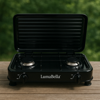 Настольная газовая плита LumaBella LB-57006, 2 конфорки, 4,4 кВт, чугунные решетки, для баллонного газа, с крышкой
