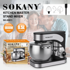 Планетарный миксер Sokany SK-05011 1800Вт с металлической чашей 9.5л, LED дисплей, 6 скоростей, насадки.