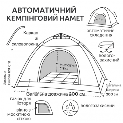 Туристична автоматична палатка 2×2 м на 2–4 особи, зелена, швидке встановлення, чохол у комплекті №0