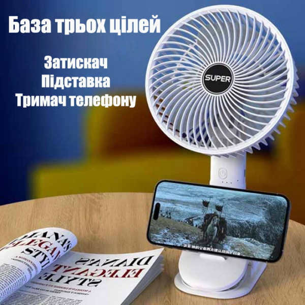 Акумуляторний вентилятор з прищіпкою, 5 швидкостей, 3 режими світла, USB Type-C, 1200мАч