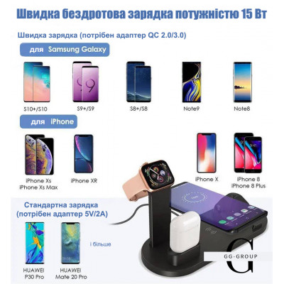 Беспроводное зарядное устройство 5 в 1 подставка для iPhone 15, 14, 13, 12, 11 X, Apple Watch Airpods №2