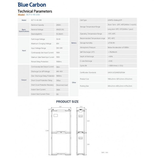 Акумуляторна батарея Blue Carbon LiFePo4 48V 200Ah 10.24kWh BCT-V-48-200