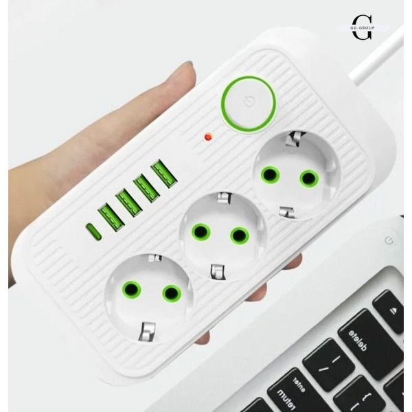 Мережевий фільтр Подовжувач USB ТК-3 (3×220В + 4×USB + 1×Type-C), F09u, Білий, 5 м