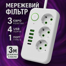 Подовжувач електричний (3×220В+4×USB+1×Type-C), QL-1074U, Білий 3m
