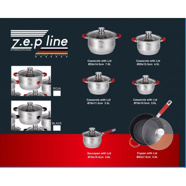 Набор посуды Zepline из нержавеющей стали 12 предметов ZP-115 Красные ручки