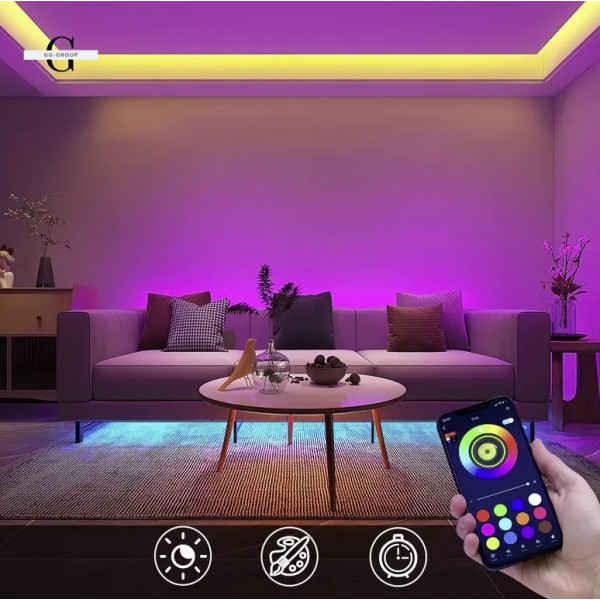Світлодіодна стрічка 5050 RGB - 16 кольорів, IP65, 55 люмен, 9000 годин роботи від USB 5V з Bluetooth та мобільним додатком