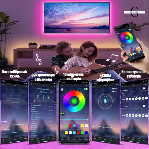 Світлодіодна стрічка 5050 RGB - 16 кольорів, IP65, 55 люмен, 9000 годин роботи від USB 5V з Bluetooth та мобільним додатком