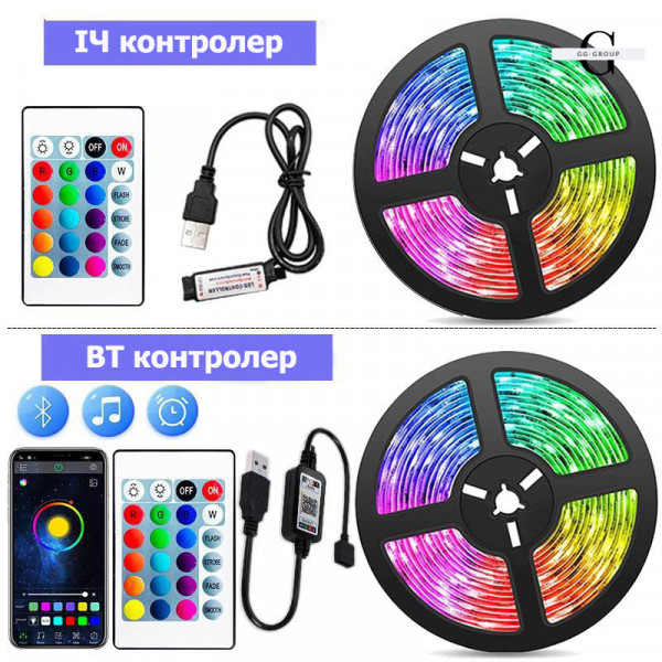 Світлодіодна стрічка 5050 RGB - 16 кольорів, IP65, 55 люмен, 9000 годин роботи від USB 5V з Bluetooth та мобільним додатком