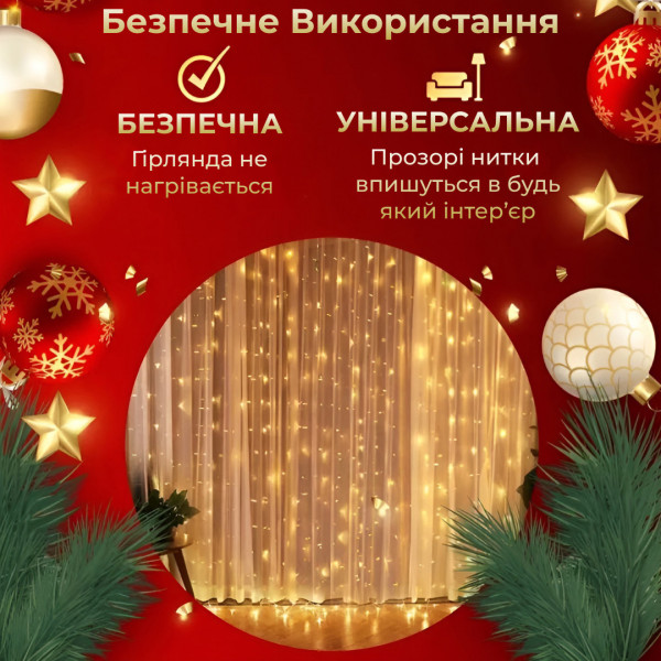 Гірлянда штора світлодіодна GarlandoPro Роса 200LED 2х2м 8 ліній 8 режимів гірлянда крапля роси Жовтий+пульт