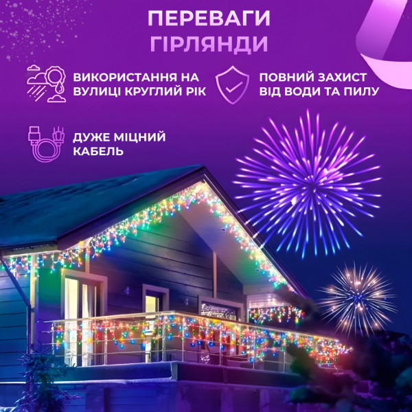 Гірлянда вулична світлодіодна 120 LED 6 метрів білий дріт бахрома 27 ниток Мультиколор