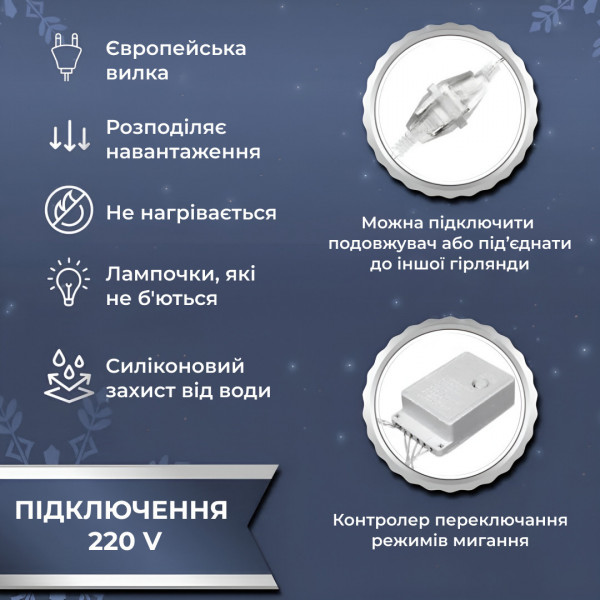 Гірлянда Водоспад 3х2 м 210 LED (480 L) лампочок світлодіодний прозорий дріт 10 ниток 8 режимів Білий