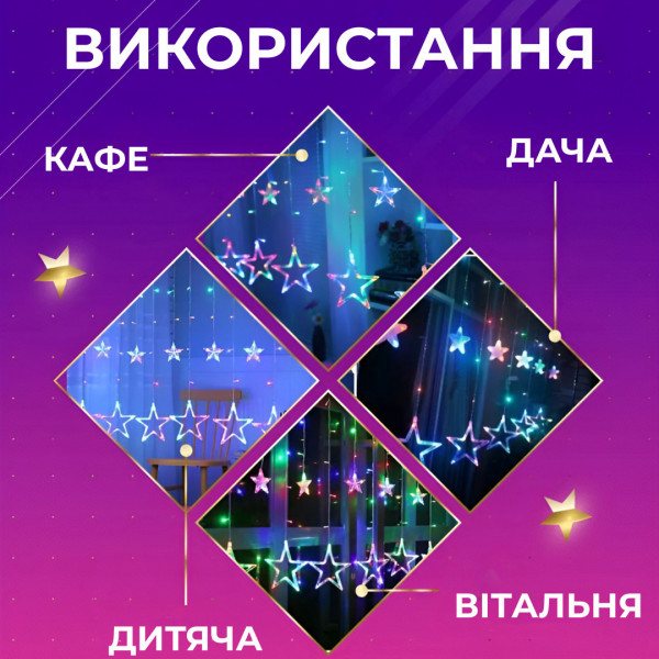 Гірлянда штора 3х0,7 м Зірки на 108 LED лампочок світлодіодна 6 великих та 6 маленьких зірок 9В 8 режимів