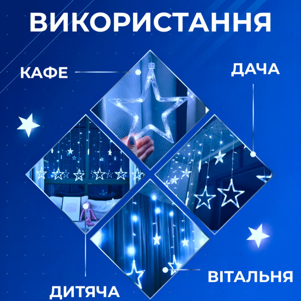 Гірлянда світлодіодна штора GarlandoPro зірка та ялинка 120LED 3х0,9 м 8 режимів Синій