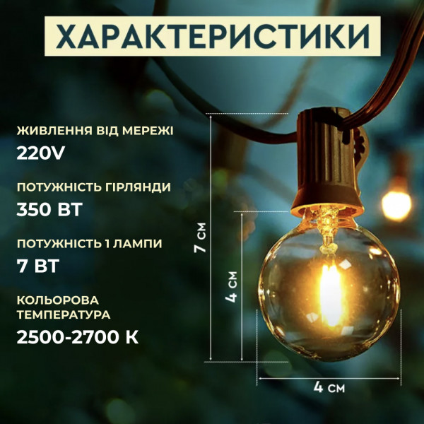 Вулична гірлянда лампочки GarlandoPro гірлянда вулична ретро світлодіодна 1733073Y G40 20LED 10m