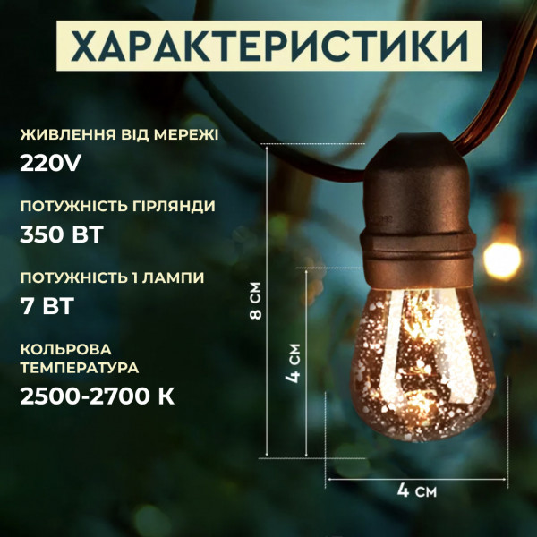 Ретро гірлянда 5 метрів вулична світлодіодна 10 LED із захистом від вологи
