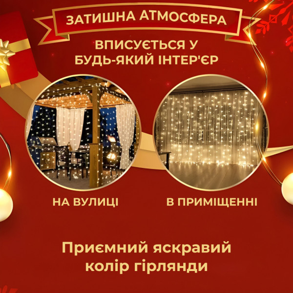 Гірлянда світлодіодна штора GarlandoPro 160LED 8 ліній 1,5х1,5 м Гірлянда на штору Жовтий