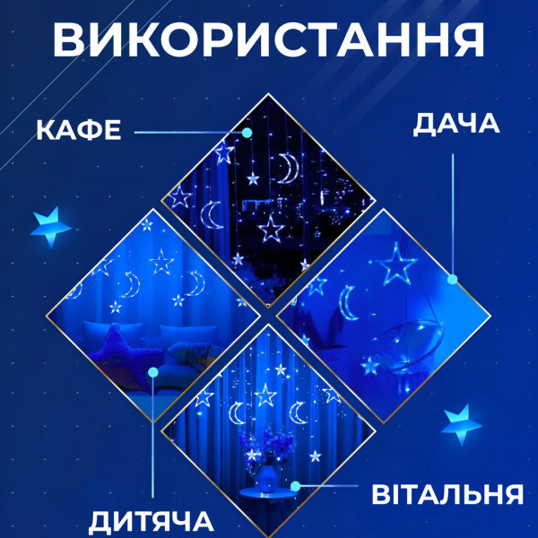Гірлянда світлодіодна штора GarlandoPro зірка і місяць 108LED 3х0,9 м гірлянда зірка Синій