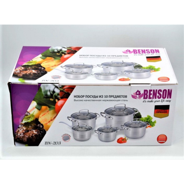 Набор посуды Benson BN-203 (емкость 2,1л, 2,1л, 2,9л, 3,9л, 6,5л)