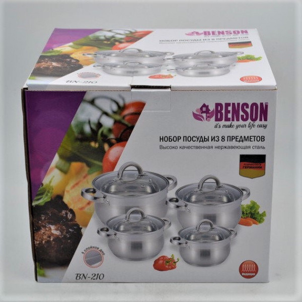 Набор кастрюль Benson BN-210 (емкость 2,1 л, 2,9 л, 3,9 л, 6,5 л)