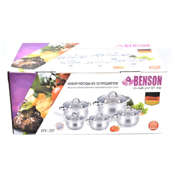 Набор посуды Benson BN-211 (емкость 2,1л, 2,1л, 2,9л, 3,9л, 6,5л)