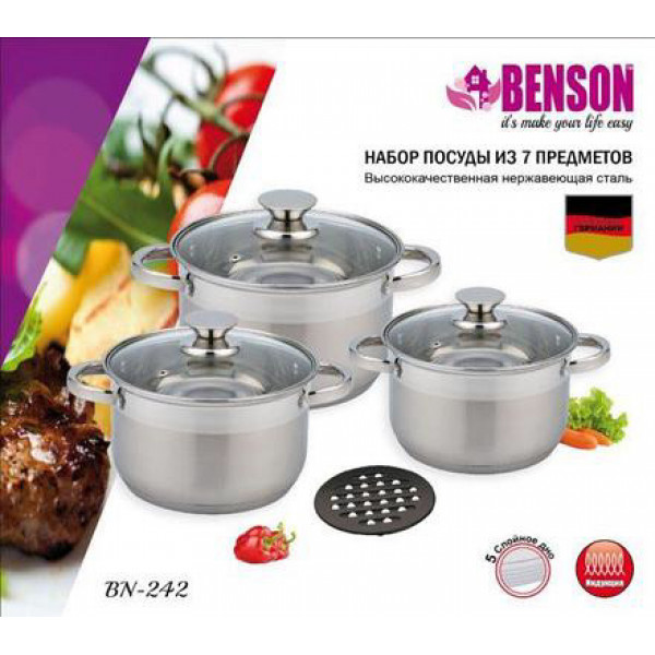 Набор кастрюль Benson BN-242 (емкость 5,1л; 6,5л; 8,2л)
