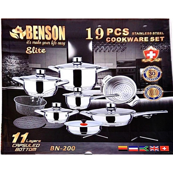 Набор посуды из нержавеющей стали Benson BN-200 (19 предметов)