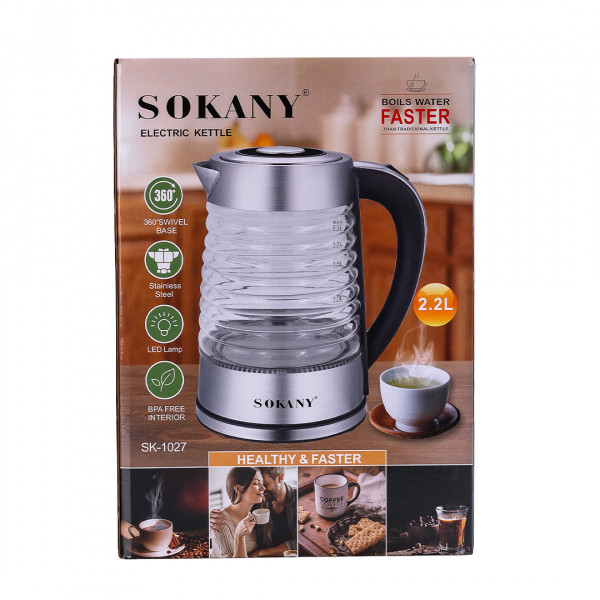Электрочайник стеклянный с подсветкой бесшумный 2.2 л 2000 Вт Sokany SK-1027