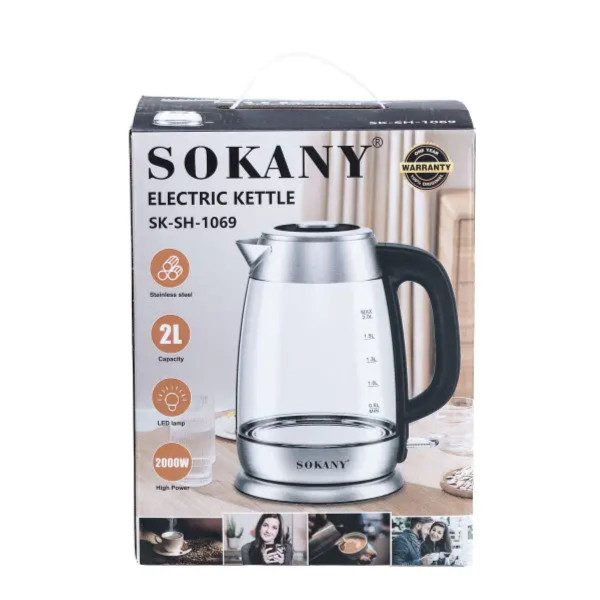Электрочайник стеклянный с LED индикатором 2 л 2000 Вт Sokany