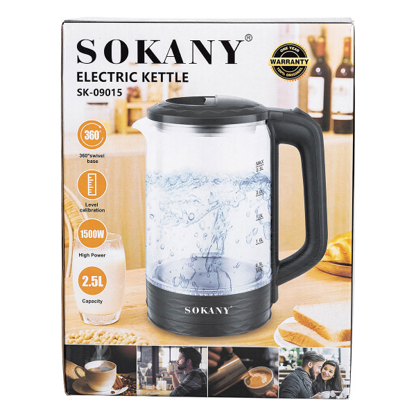 Електричний скляний чайник побутовий 2.5 л Sokany чайник дисковий для дому 1500 Вт