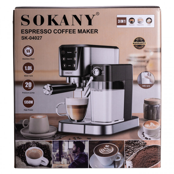 Кофеварка рожковая 3в1 с капучинатором 1350 Вт бак 1л Sokany SK-04027