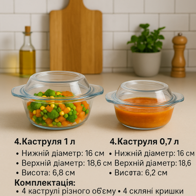 Набір скляних каструль 4+4 для плит та духовок. №3