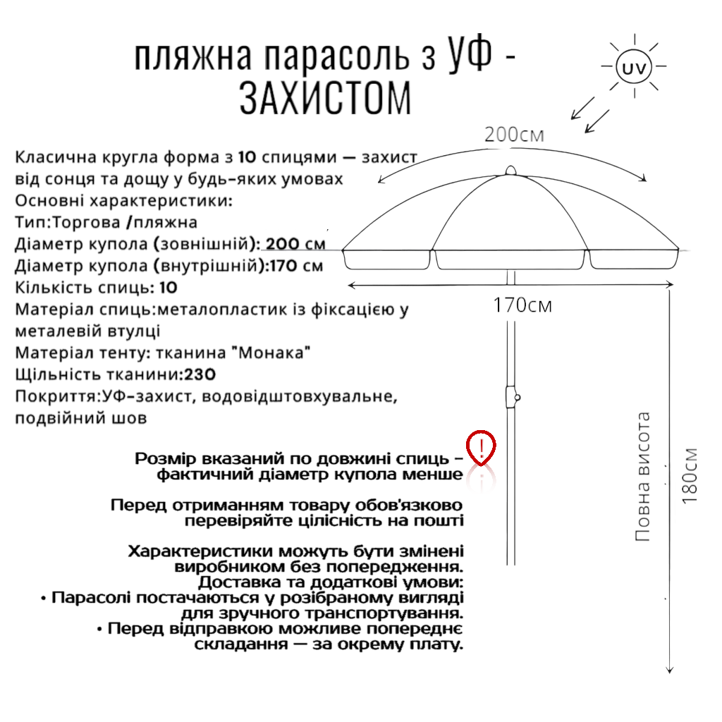 Торгово-пляжный зонтик 2 м/10 спиц с УФ-защитой и ветровым клапаном, Испания №1