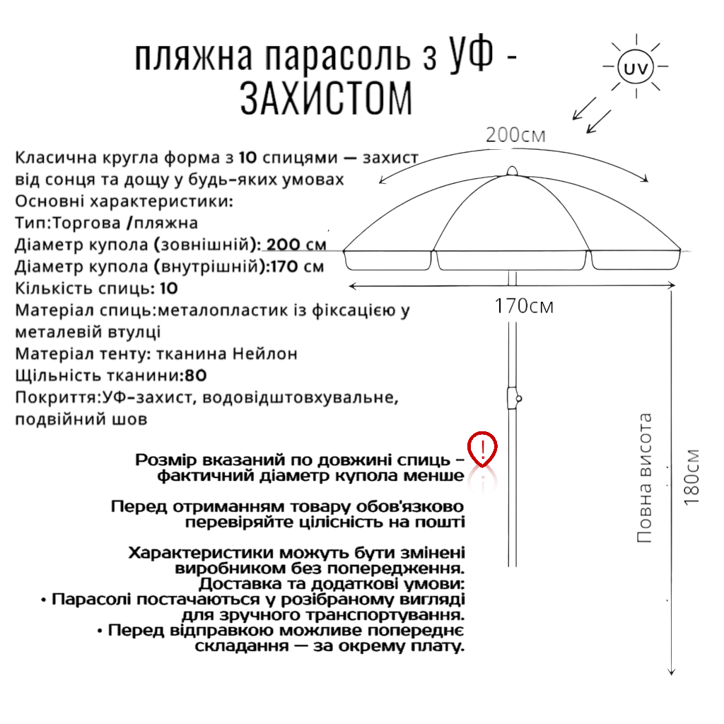 Торгово-пляжный зонтик 2 м/10 спиц с УФ-защитой и ветровым клапаном, Испания №1