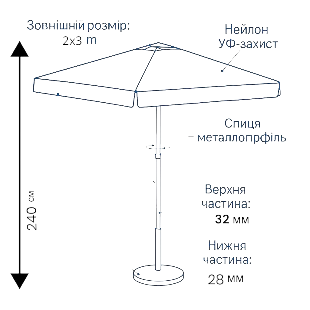 Прямоугольный зонтик Monsen 2×3 м с УФ-защитой и металлическим каркасом, серебряное напыление №1